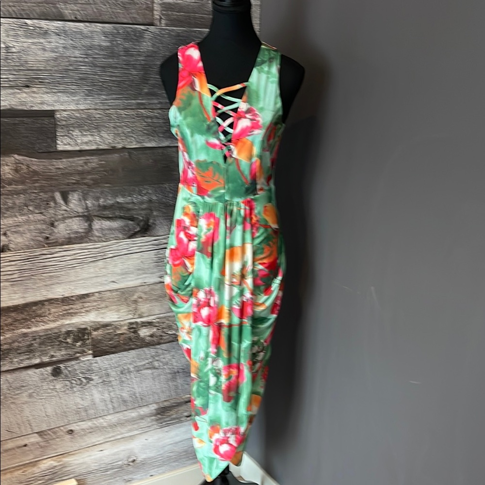 VENUS Red and Green Asymmetrical Wrap Sundress